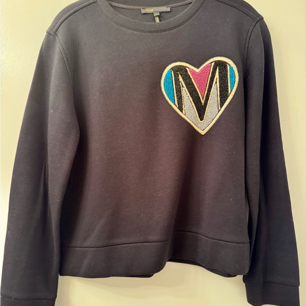 Maje Black and Pink Crew Neck Sweater with Heart Patch